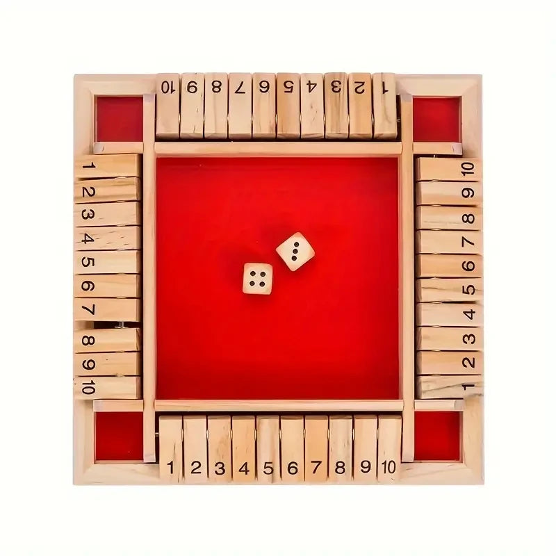 Classic 4-Sided Wooden Shut-The-Box Game with Dice - Timeless Tabletop Fun for Family and Friends