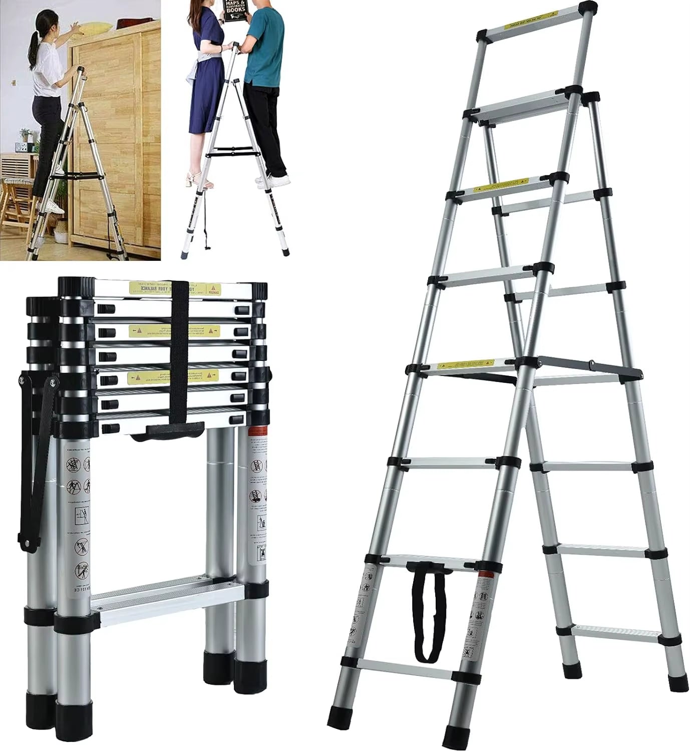 6+7 Steps Aluminium Extension Ladder Telescopic Ladder, Portable, A-Frame Multi-Purpose Anti-Slip Extendable Loft Ladder 150Kg