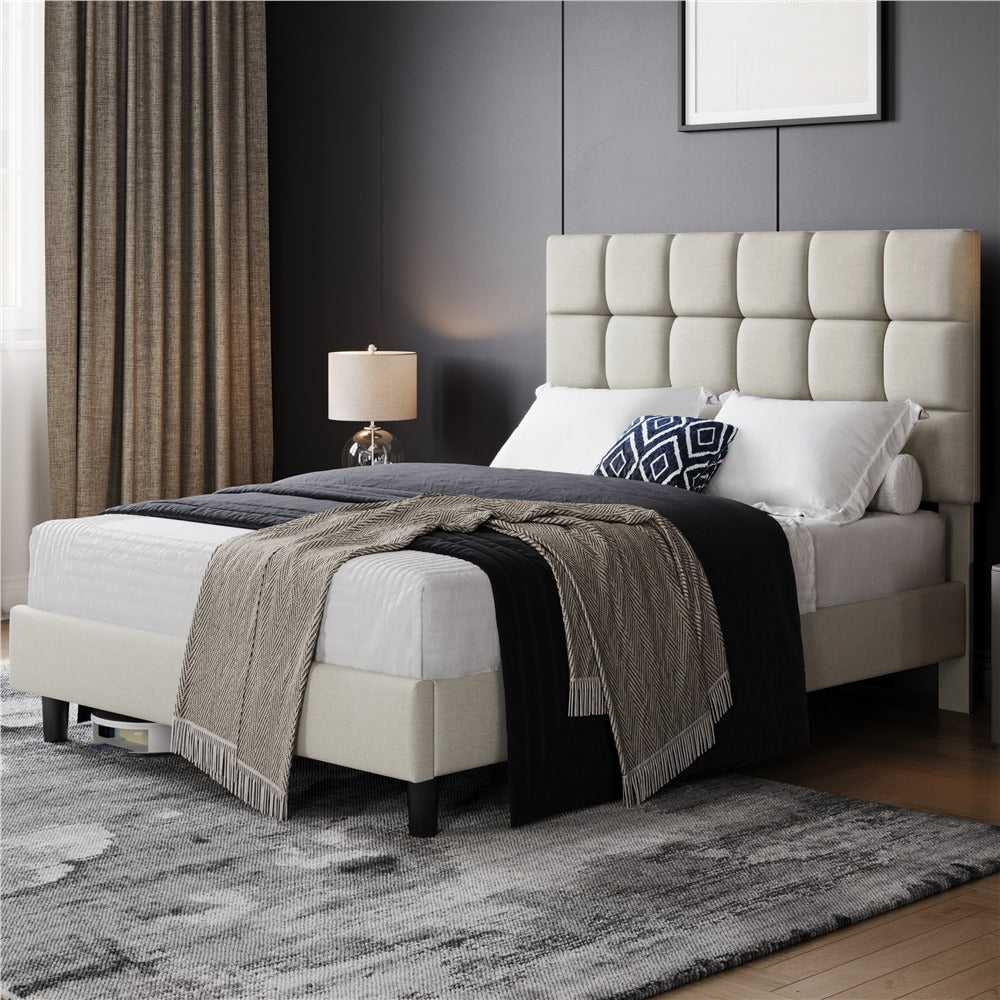 Upholstered Bed Frame, Modern Platform Bed Frame with Strong Wooden Slats Support and Square Tufted Headboard Height Adjustable