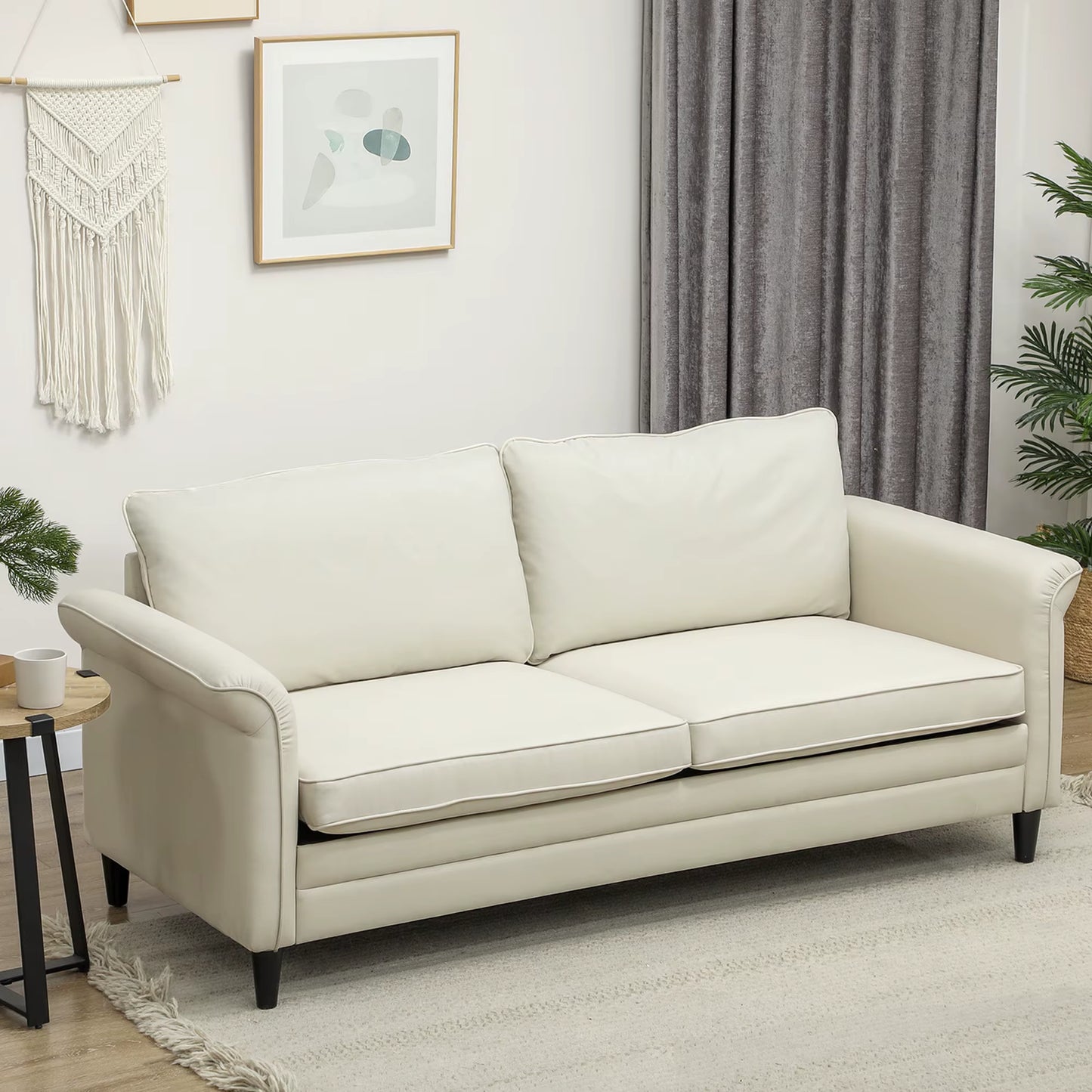 Modern 3 Seater Sofa for Living Room, Fabric Couch Settee, Cream