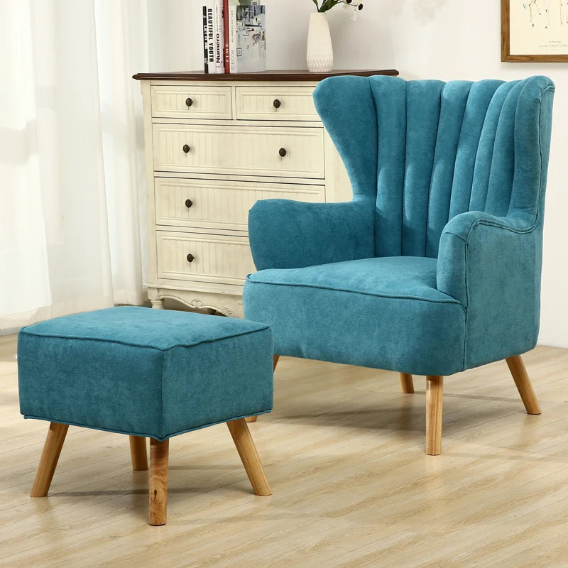 Faux Wool Upholstered Armchair and Footstool for Study and Living Room Makeup Room