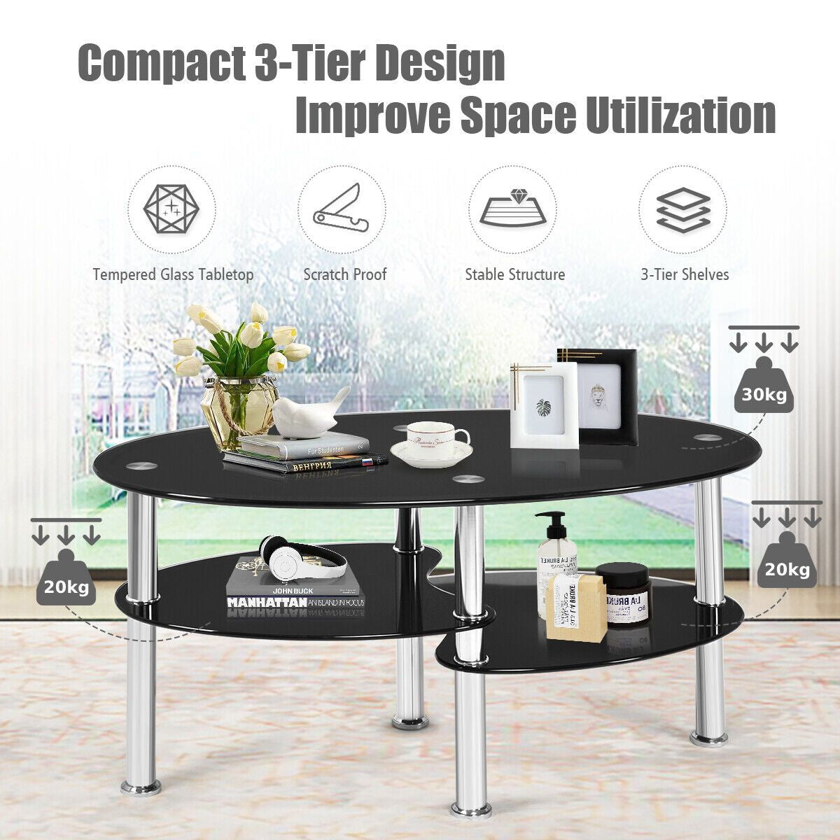 3-Tiers Tempered Glass Coffee Tables with 2 Shelves