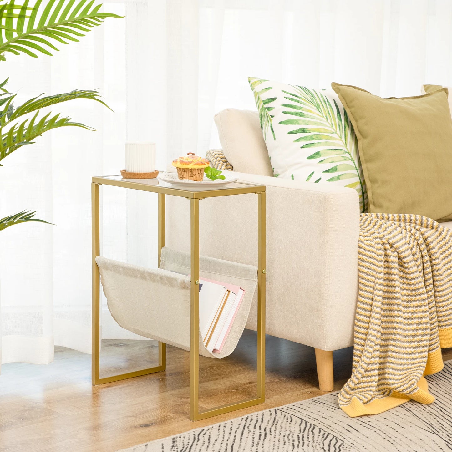 Narrow Side Table Tempered Glass End Table with Fabric Magazine Sling Small Coffee Accent Table Bedside Table Living Room