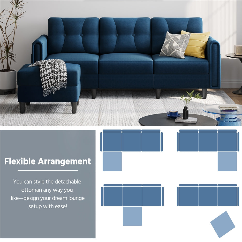 3-Seater Sofa with Ottoman Velvet Upholstered Corner Sofa for Living Room L-shaped Chaise Lounge Sofa