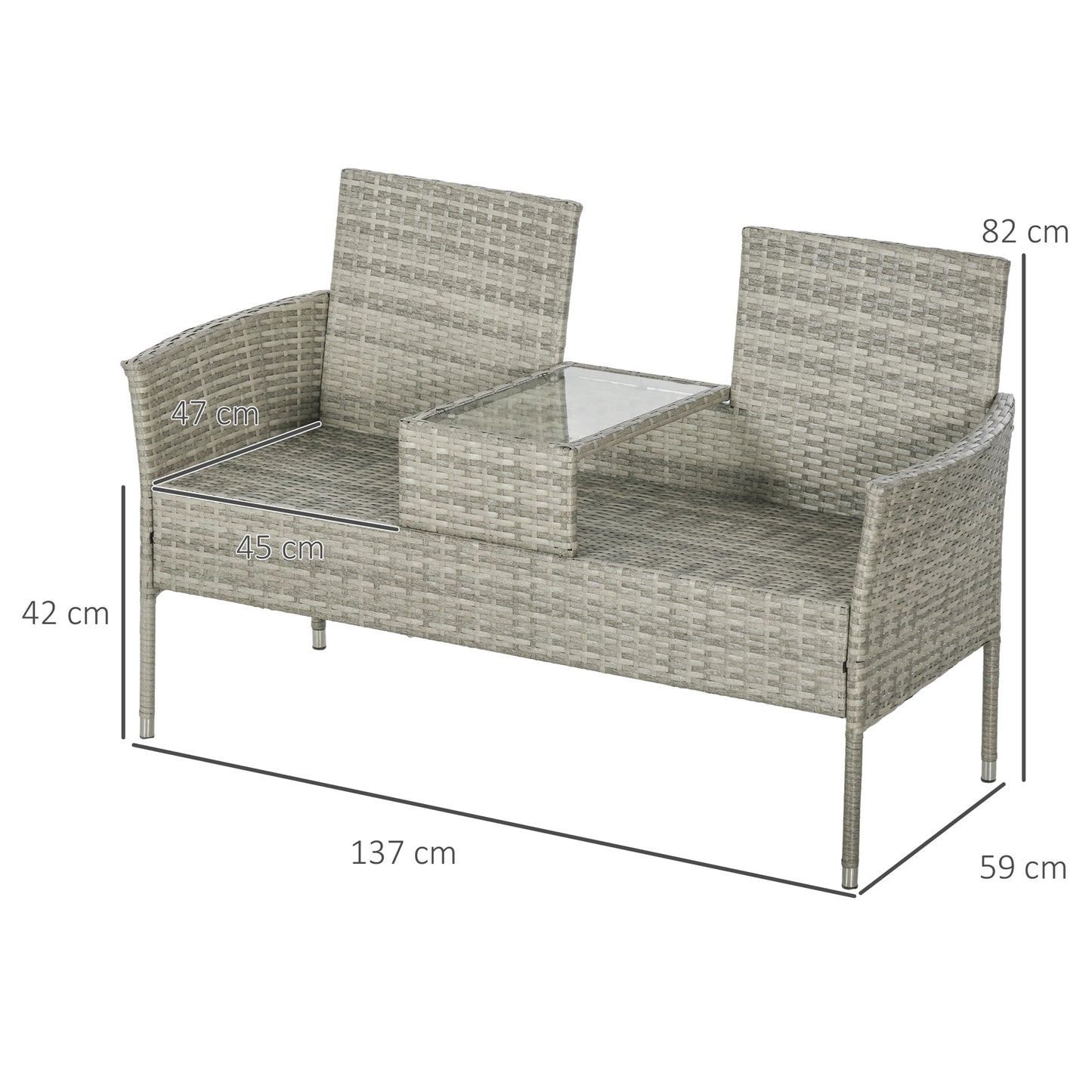 2-Seater Rattan Garden Bench with Glass Tea Table in Mixed Grey