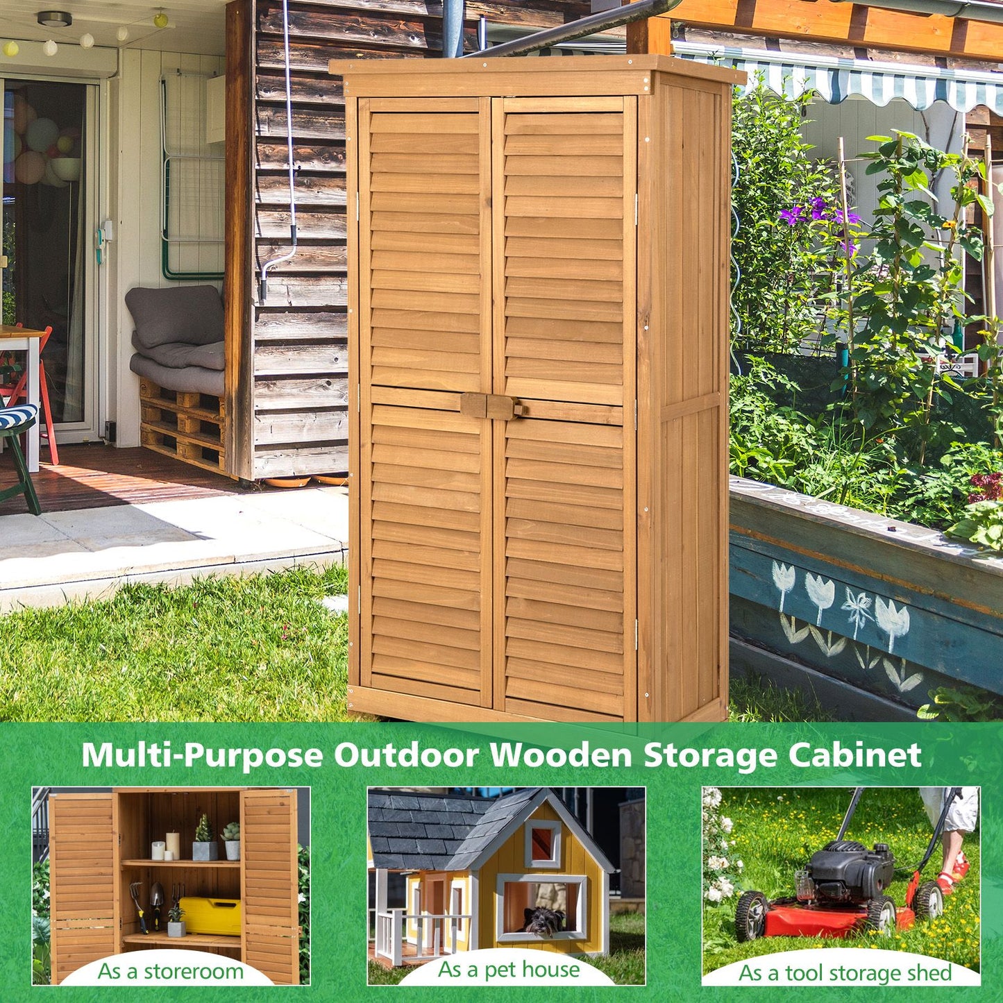 Outdoor Wooden Storage Shed with 3 Removable Shelves for Garden Deck