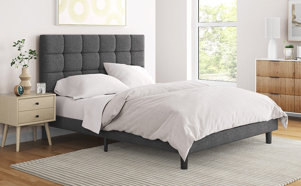 Upholstered Bed Frame, Modern Platform Bed Frame with Strong Wooden Slats Support and Square Tufted Headboard Height Adjustable