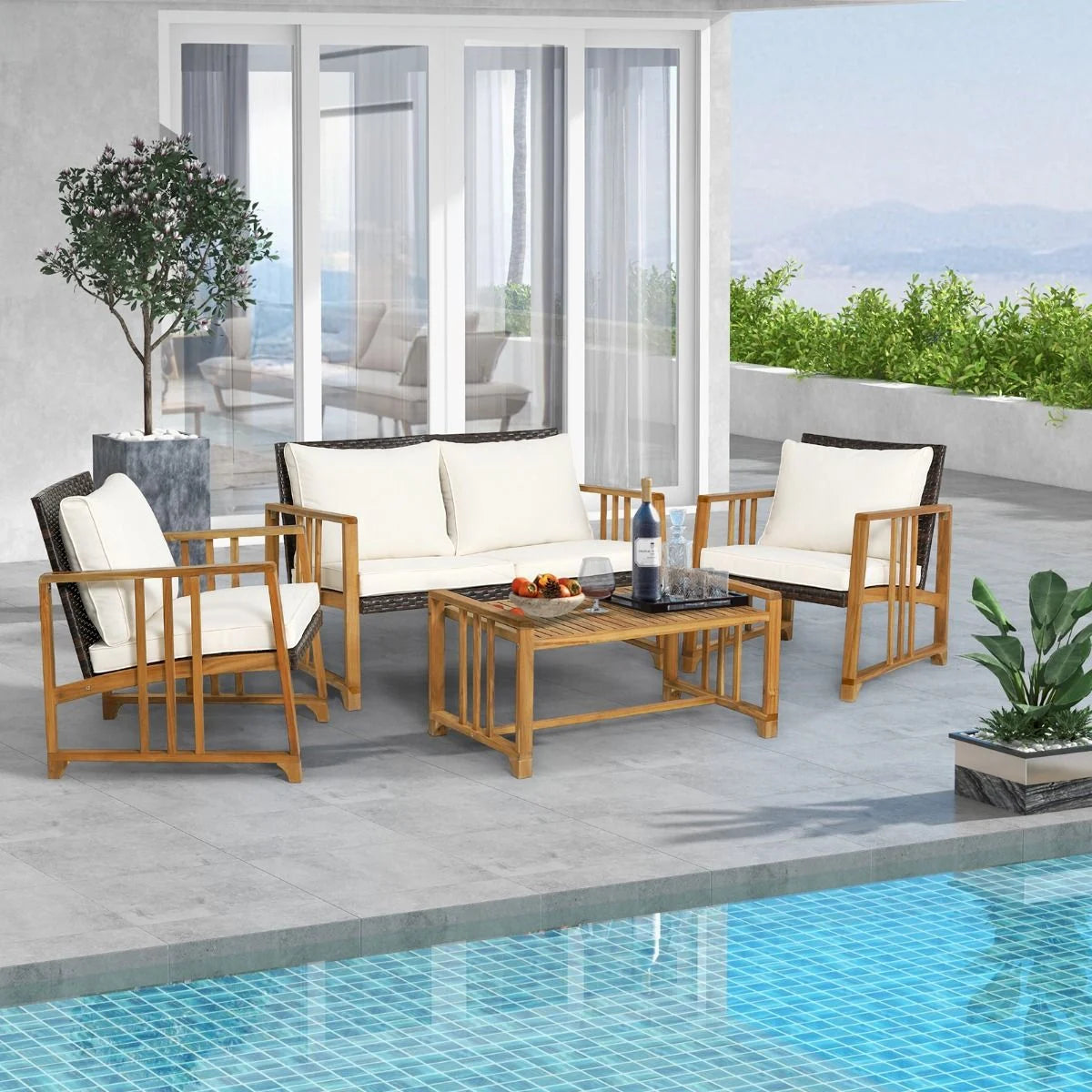 Outdoor Mix Brown Rattan Set with Acacia Wood Frame and Back Cushions