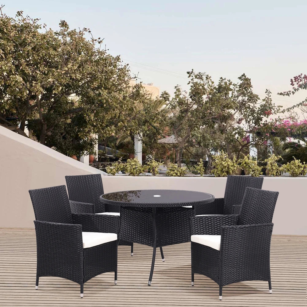 Garden Wicker Table with Tempered Glass and Parasol Hole