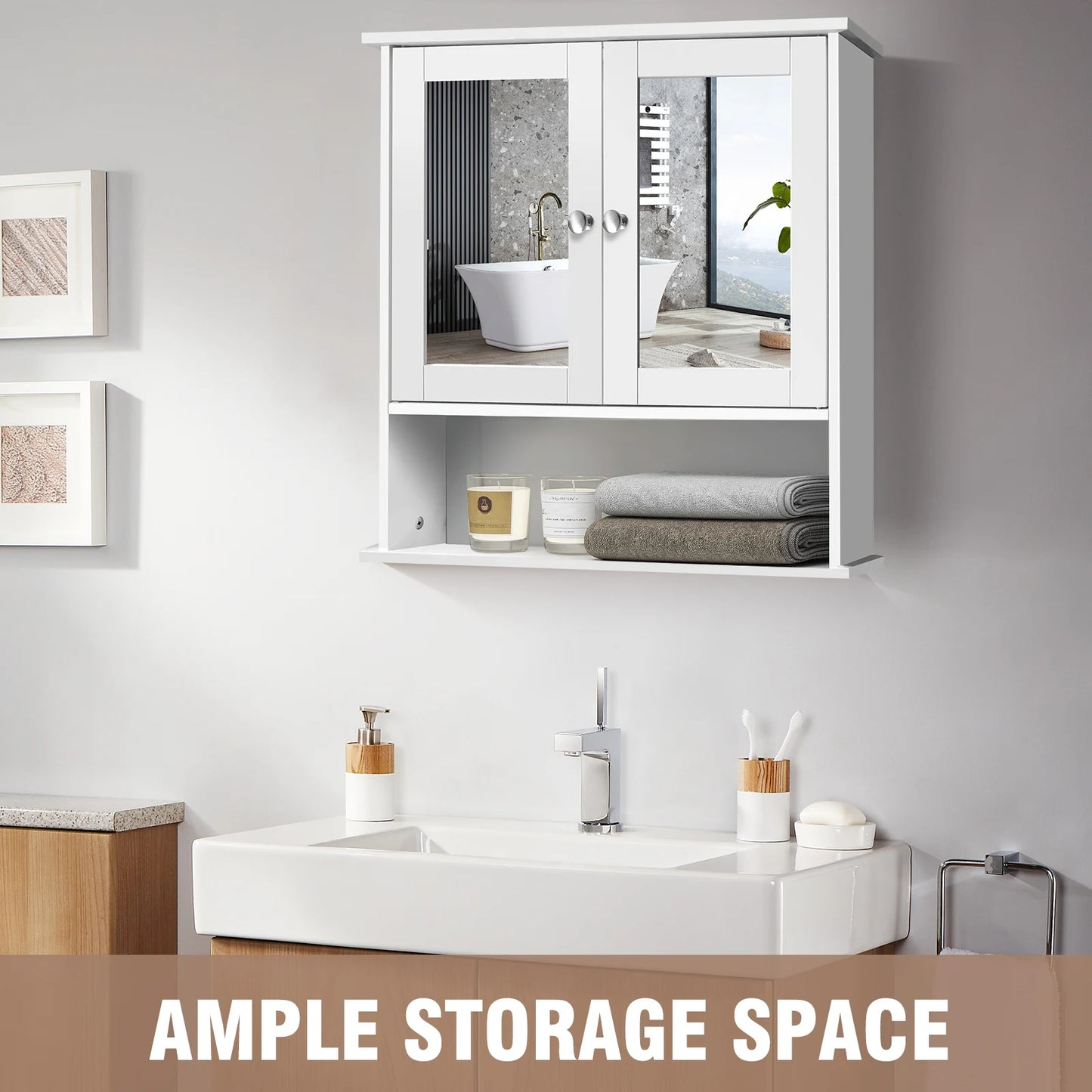 Bathroom Cabinet Wall-Mounted Storage Cabinet Modern Toilet Cupboard Storage Unit with Double Mirror Door Adjustable Shelf White