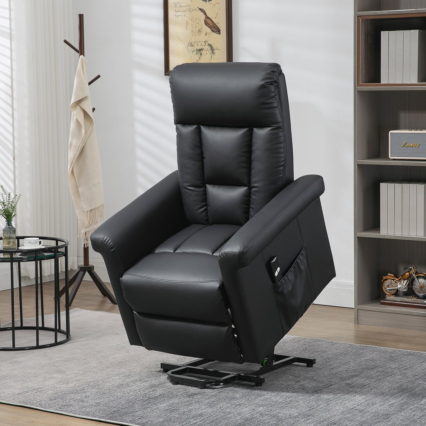 Power Lift Chair with PU Leather, Electric Recliner, Side Pocket, Black