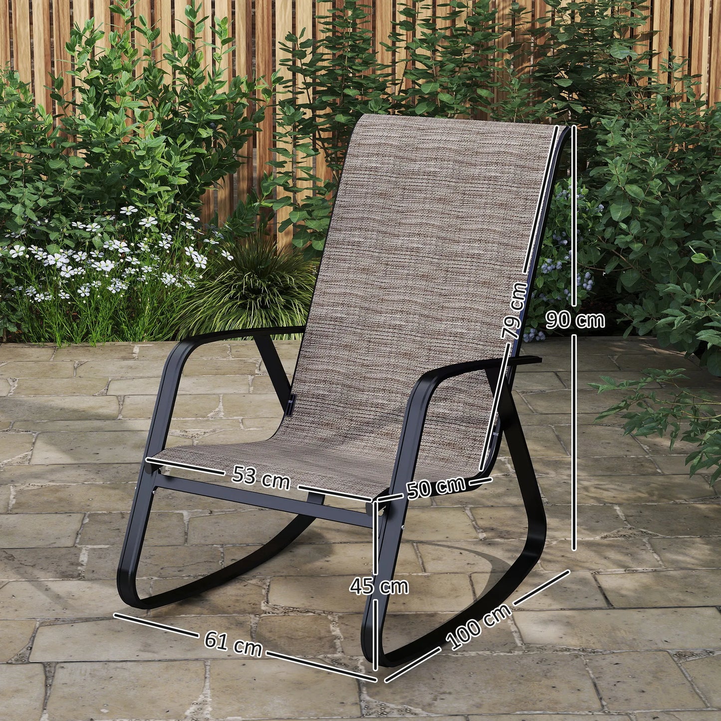 Set of 2 Ergonomic Outdoor Rocking Chairs with Armrests and High Backrest in Light Brown