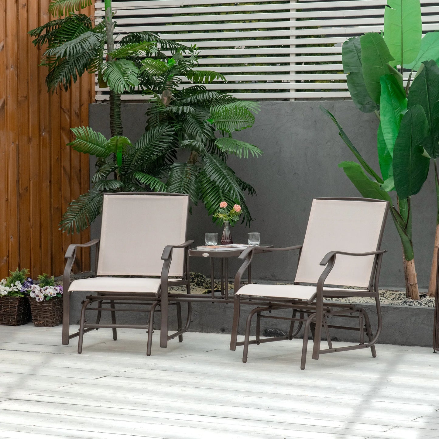 Beige Double Glider Rocking Chairs Loveseat with Garden Table