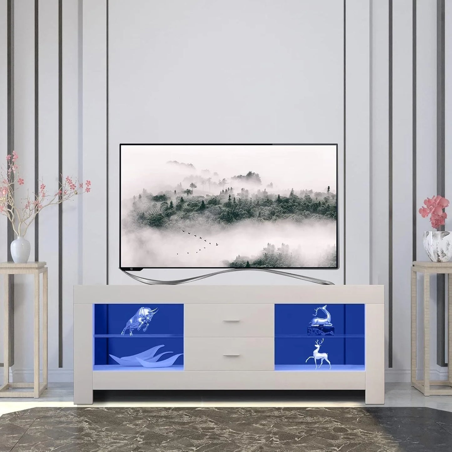 LED TV Stand Cabinet with Drawer and Shelves, 130Cm Modern TV Stand with Lights for 22"-52" Tvs for Living Room, White Cream