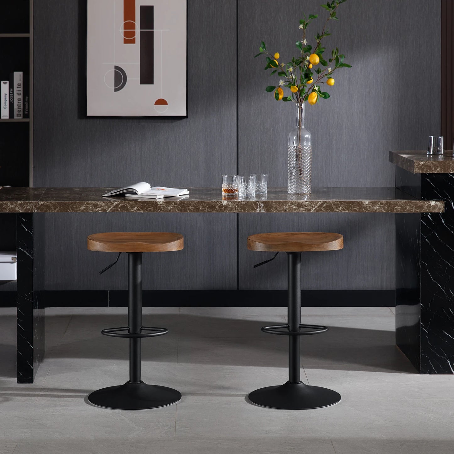 2PCS/SET Industrial Wooden Bar Stool Kitchen Counter Bar Chair 360° Swivel Height Adjustable Stool