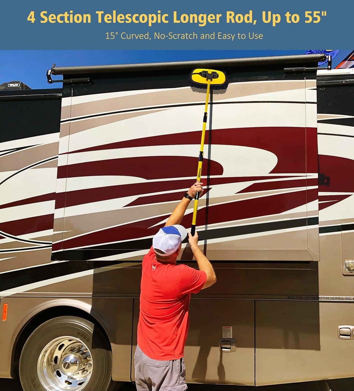 55" Extendable Car Wash Brush with Curved Handle & Replaceable Microfiber Head - Perfect for RV, Truck, and Camper Cleaning - Portable Kit with Storage Bag
