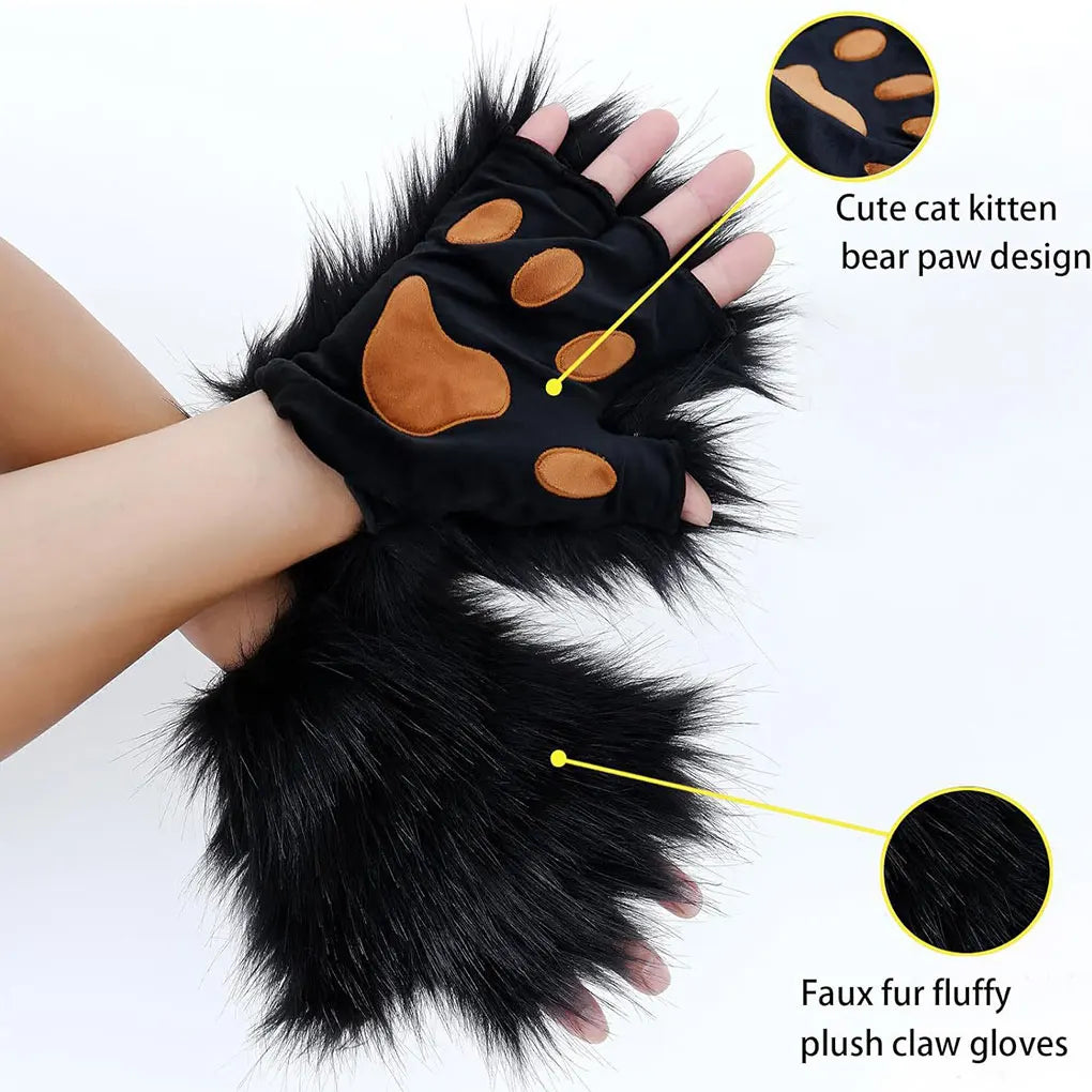 Simulated Costume Halloween Set with Plush Gloves Mask and Tail Prop Furry Tail Can Be Placed
