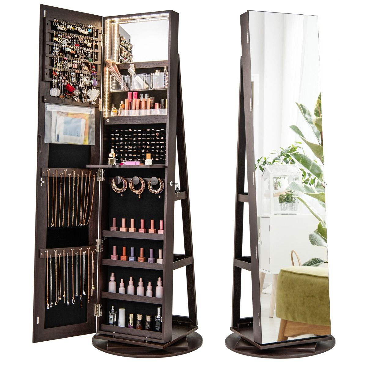 360-Degree Mirrored Jewelry Armoire with 3-Color Auto-On LED Lights