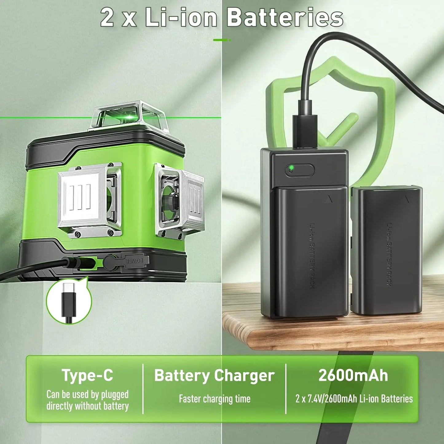 503CG 12 Lines 3D Cross Line Self-Leveling Laser Level 3 X 360 Green Beam Tool with 2Pcs Li-Ion Battery & Portable Bag