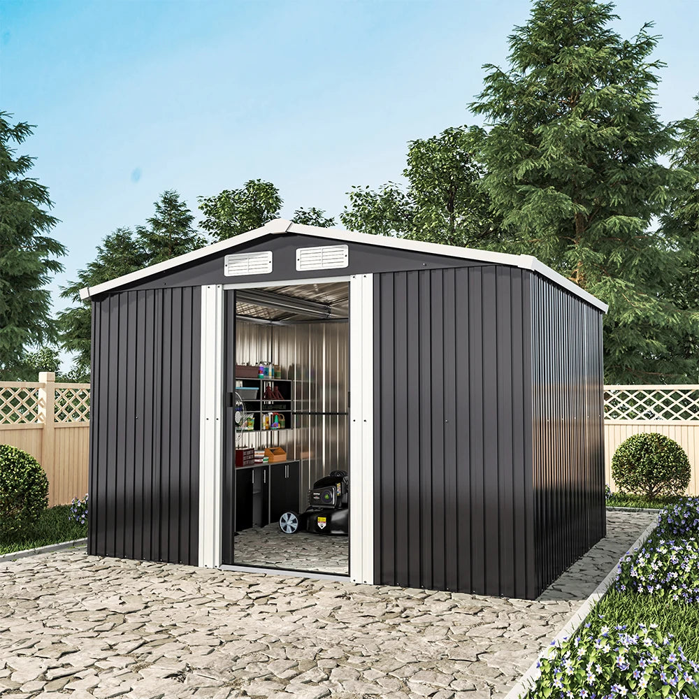 6 X 8 FT Black Outdoor Storage Shed, Metal Large Shed Garden with Air Vent, 2 Slide Door