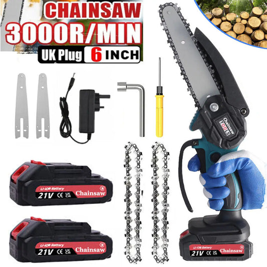 6 Inch 4000W Mini Cordless Chainsaw Electric One-Hand Saw with 2 Battery Rechargeable