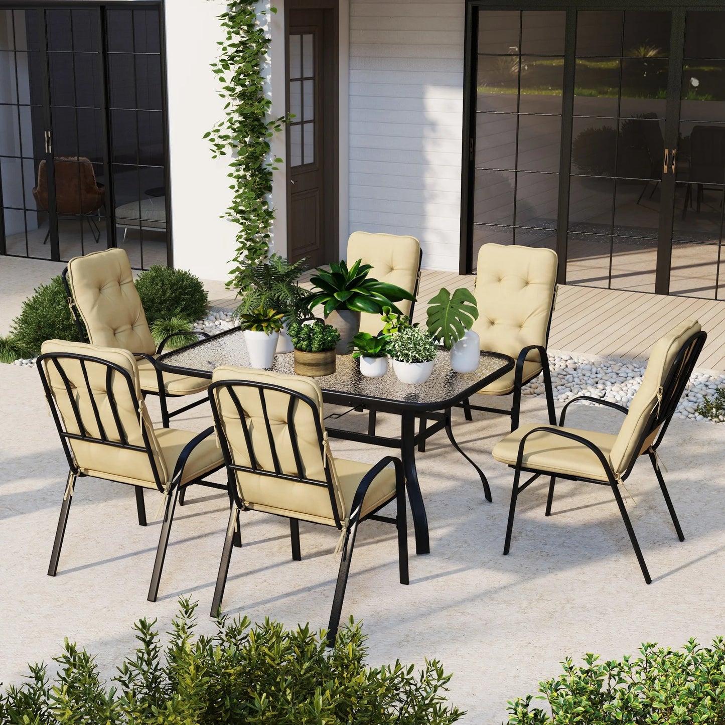 7-Piece Outdoor Dining Set with Cushions and Tempered Glass Top Table