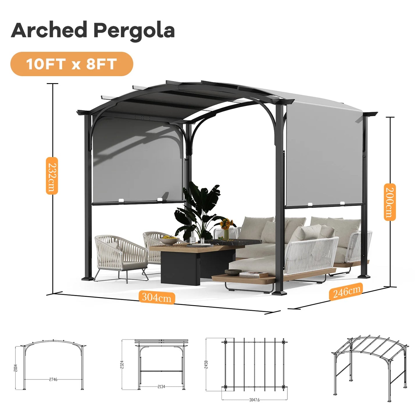 Metal Pergola Gazebo with Retractable Roof and Water-Resistant SPF 15 PU Coated Canopy for Outdoor Events and Gatherings