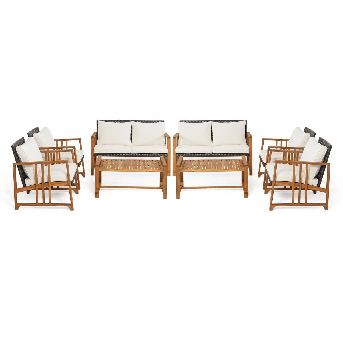 Outdoor Mix Brown Rattan Set with Acacia Wood Frame and Back Cushions