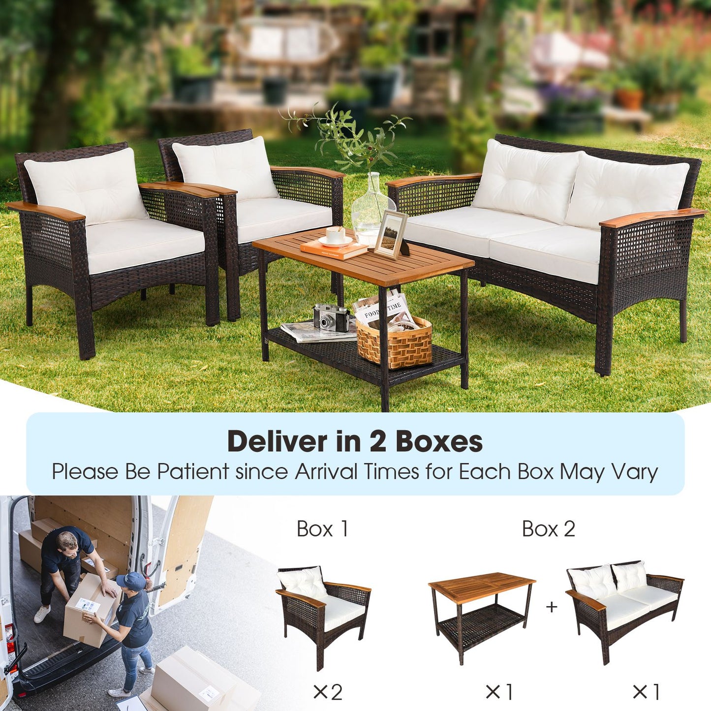 4 Pieces Outdoor Patio Furniture Set with Loveseat and Coffee Table