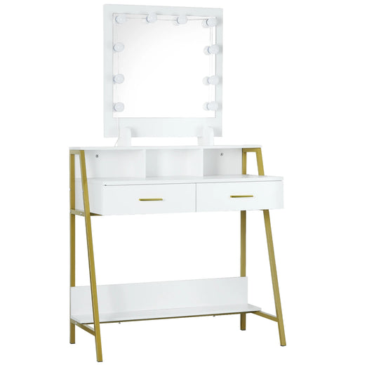 White Vanity Dressing Table with LED Makeup Mirror 2 Drawers for Bedroom