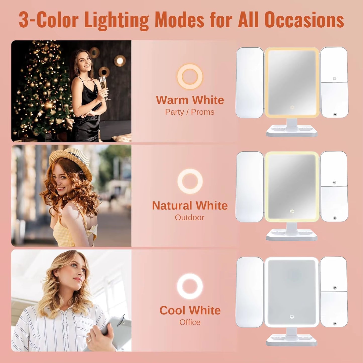 LED Trifold Makeup Mirror with Smart Lighting - Perfect for Dorms and Beauty Touch-Ups