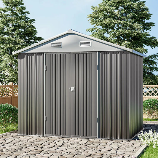 【】6 X 8 FT Outdoor Metal Storage Shed with Floor Frame Base, Galvanized Steel Garden Shed with 4 Ventilation Openings