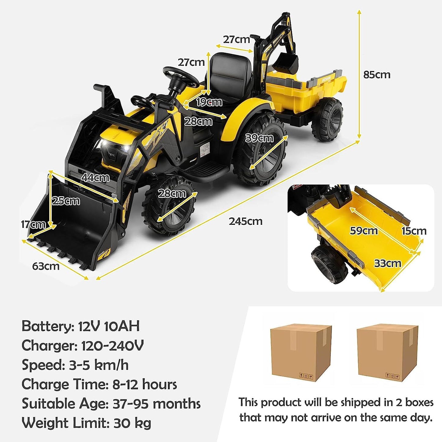 3 in 1 Ride on Tractor and Trailer with Shovel Bucket