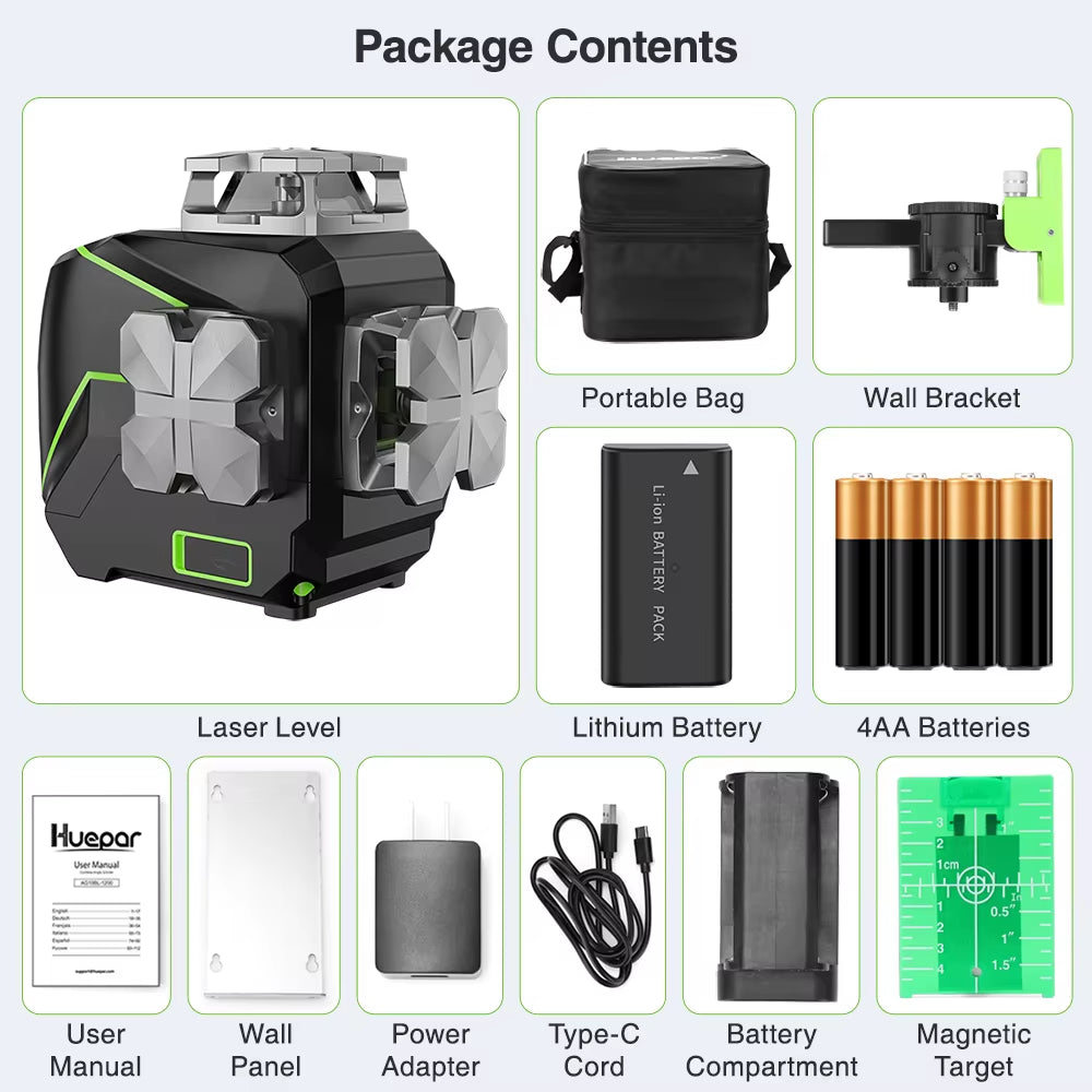 8 Lines Cross Laser Level Green Beam Self-Leveling Manual Level Tools with Metal Cover & USB Charger / Dry Li-Ion Battery
