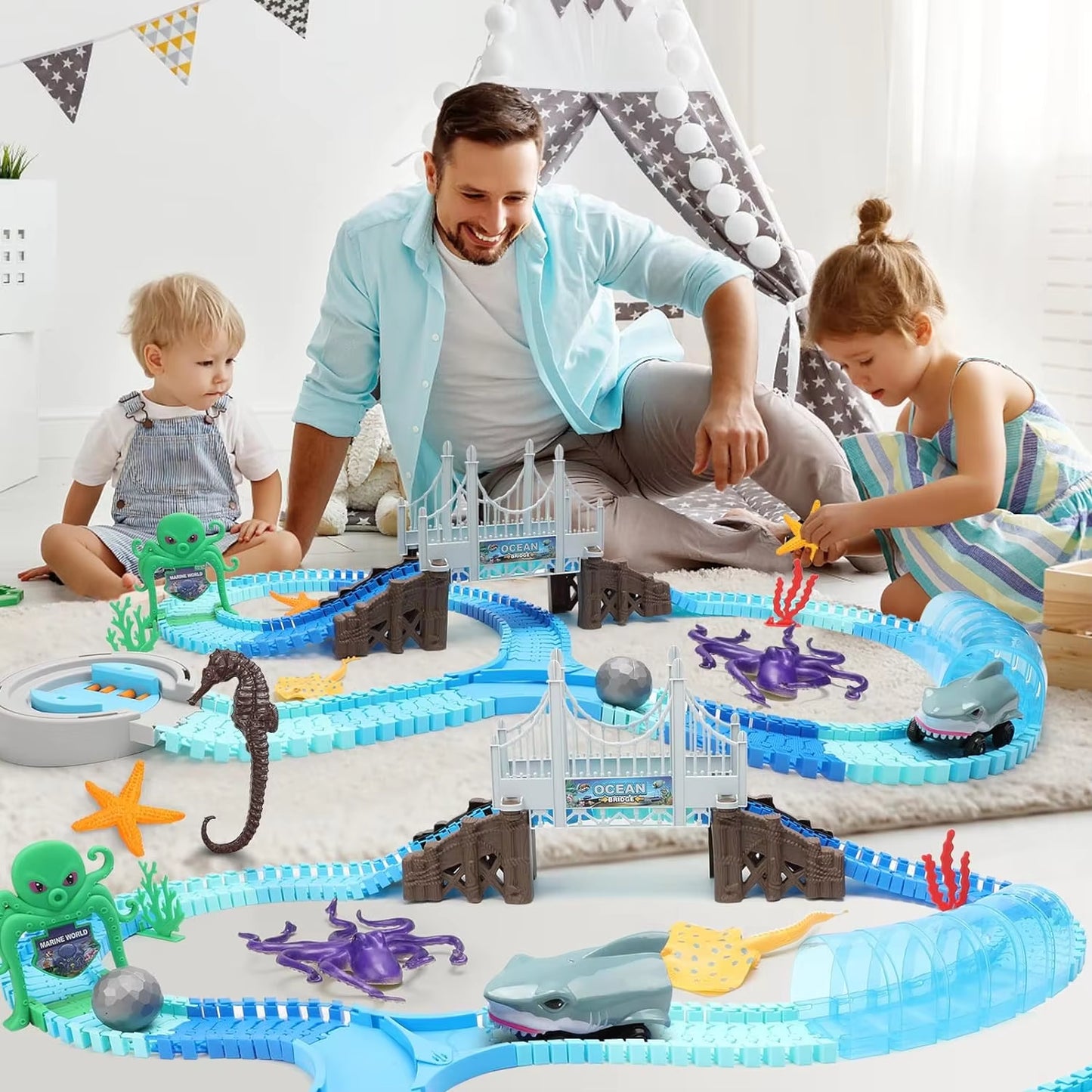 Shark Race Car Track Set - Bendable Flexible Racetrack for Kids 3+ | STEM Ocean Train Toy for Boys & Girls
