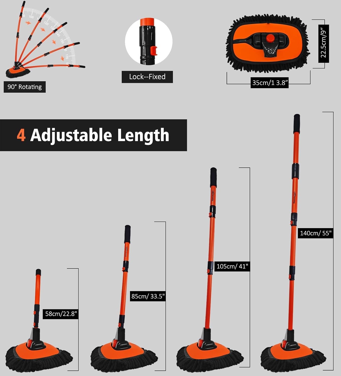 55" Extendable Car Wash Brush Mop with Microfiber Head - Perfect for Trucks & SUVs, Includes Storage Bag - Soft & Effective Cleaning Tool in Orange