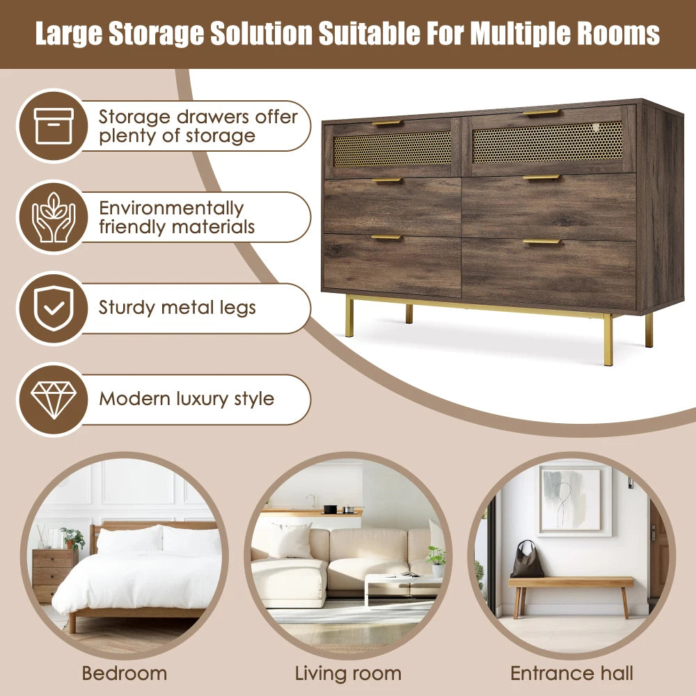Sideboard, Cabinet Dresser Metal Handle Dresser Multi-Purpose Cabinet for Hallway, Bedroom and Living Room (With 6 Drawers)