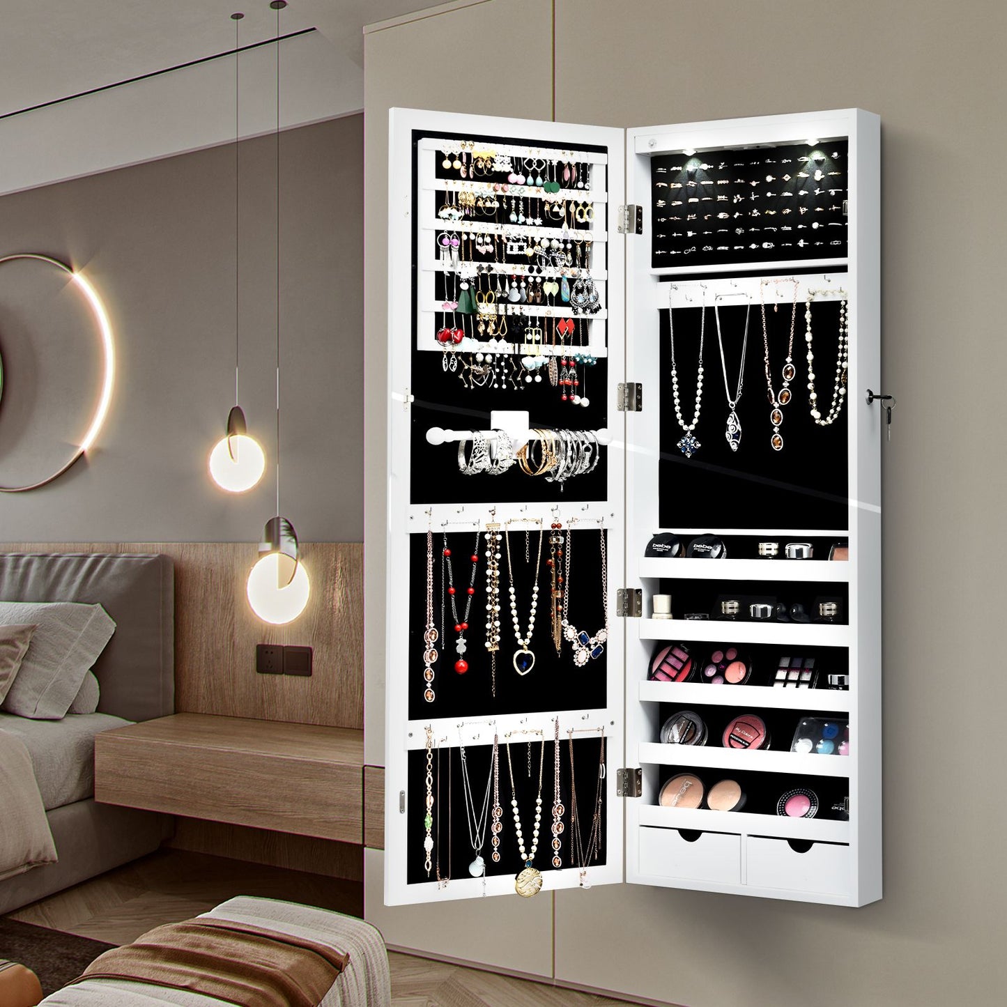Lockable Jewelry Cabinet with Full Length Mirror and LED Lights
