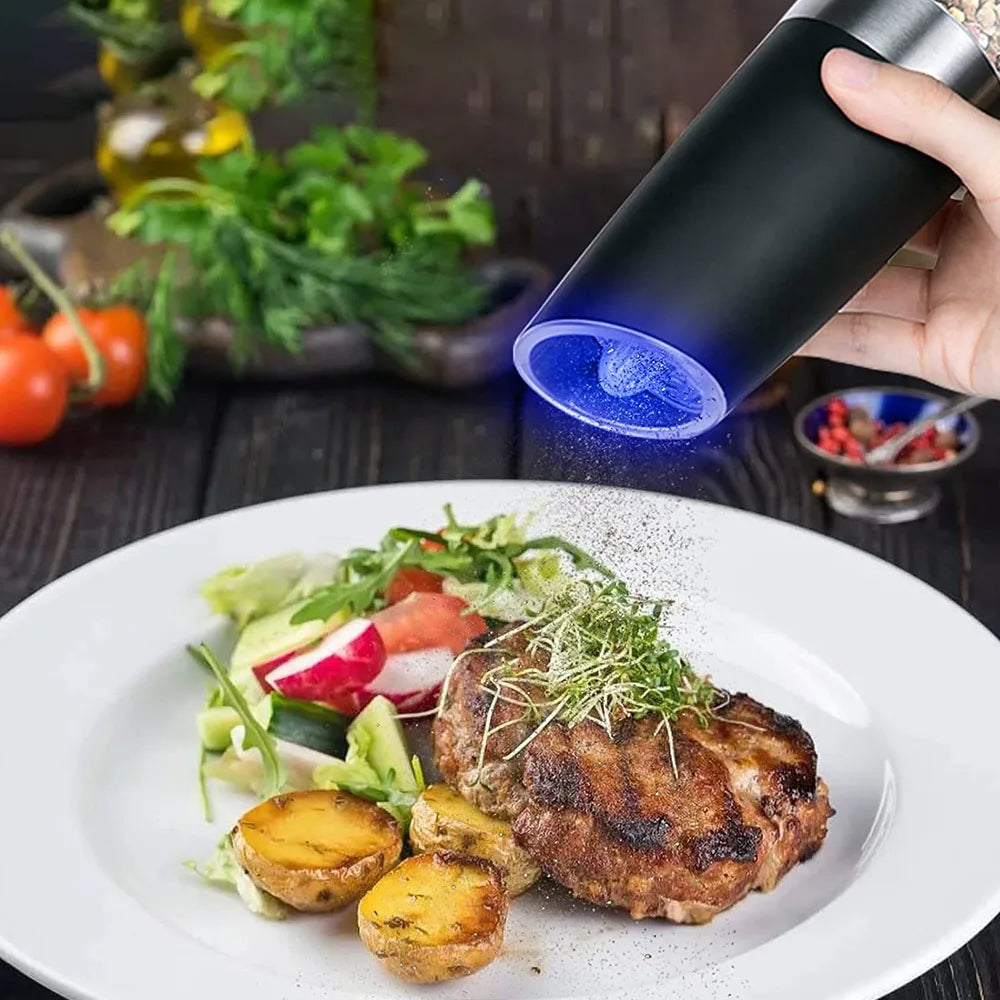 Gravity Electric Pepper and Salt Grinder Mill Adjustable Coarseness Battery Powered with Blue LED Light