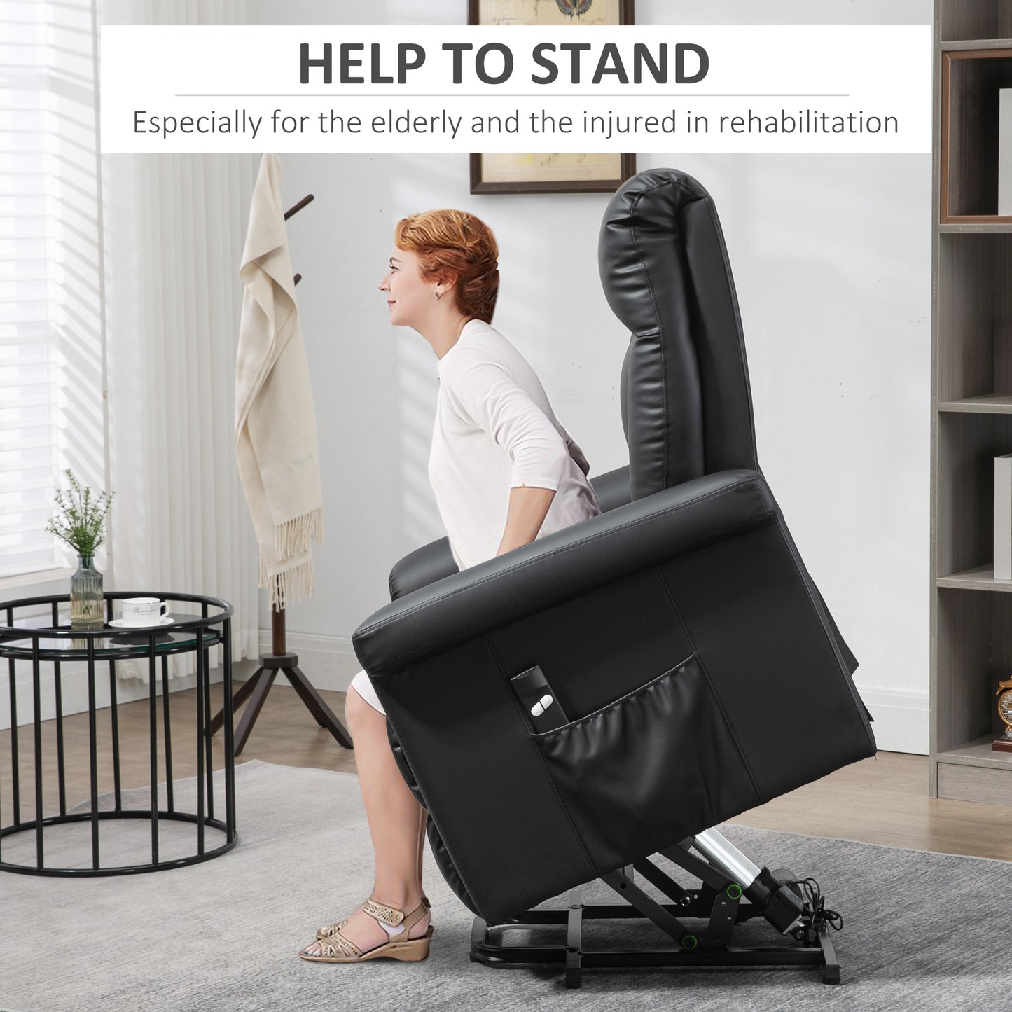 Power Lift Chair with PU Leather, Electric Recliner, Side Pocket, Black