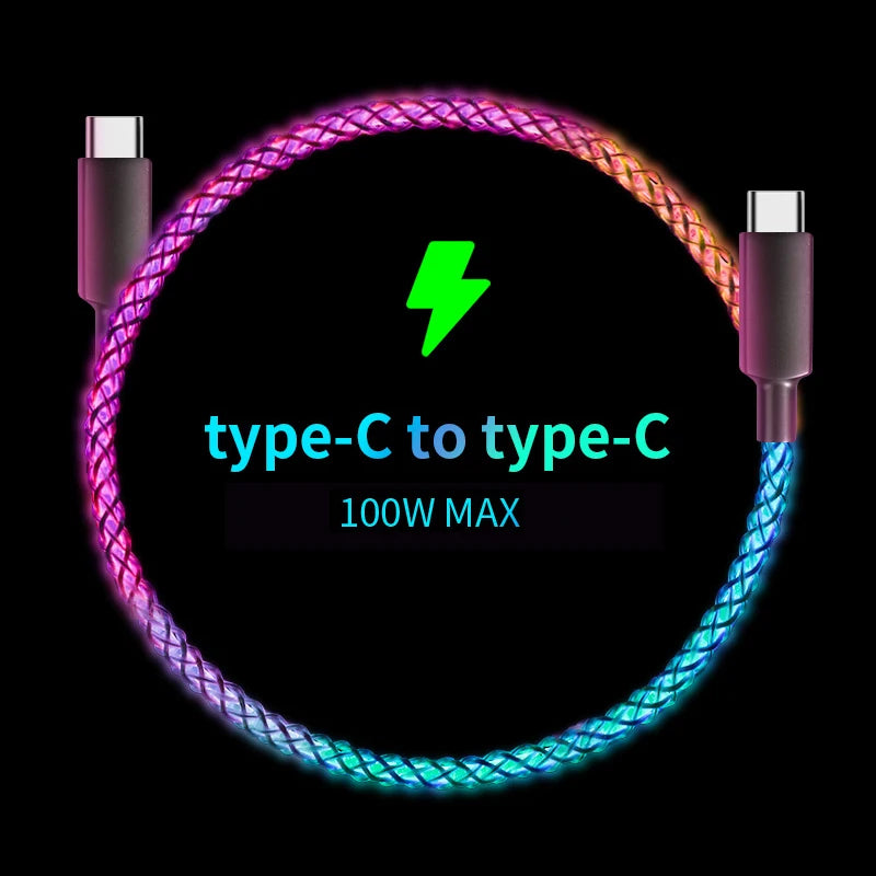 Fast Charging RGB Cable 100W Breathing Light 66W Type C USB C Data Cable f