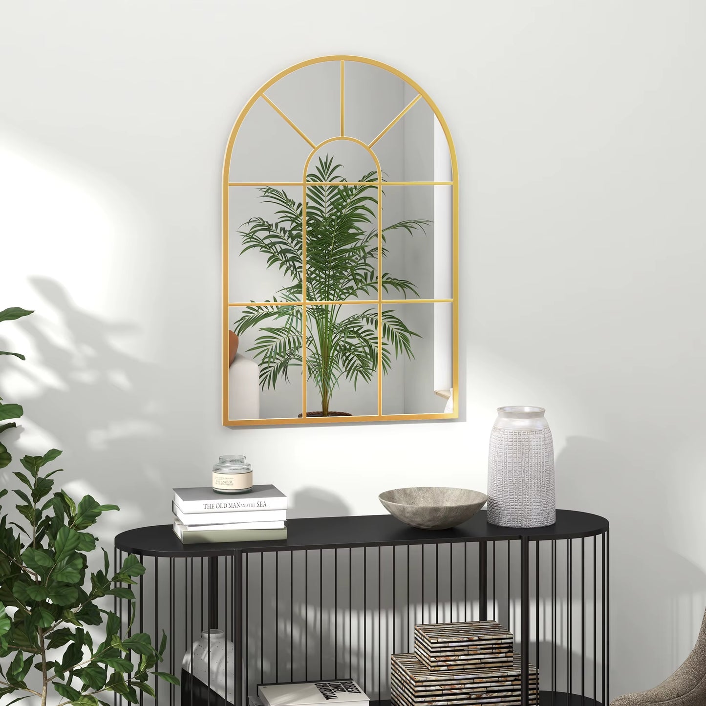 Modern Arched Window Wall Mirror for Bedroom, 91X60Cm, Gold Tone