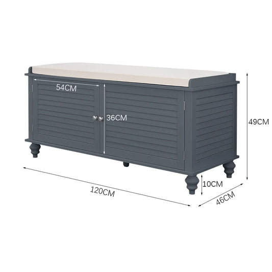 Wooden Shutter Door Shoe Cabinet Storage Bench with Linen Cushion