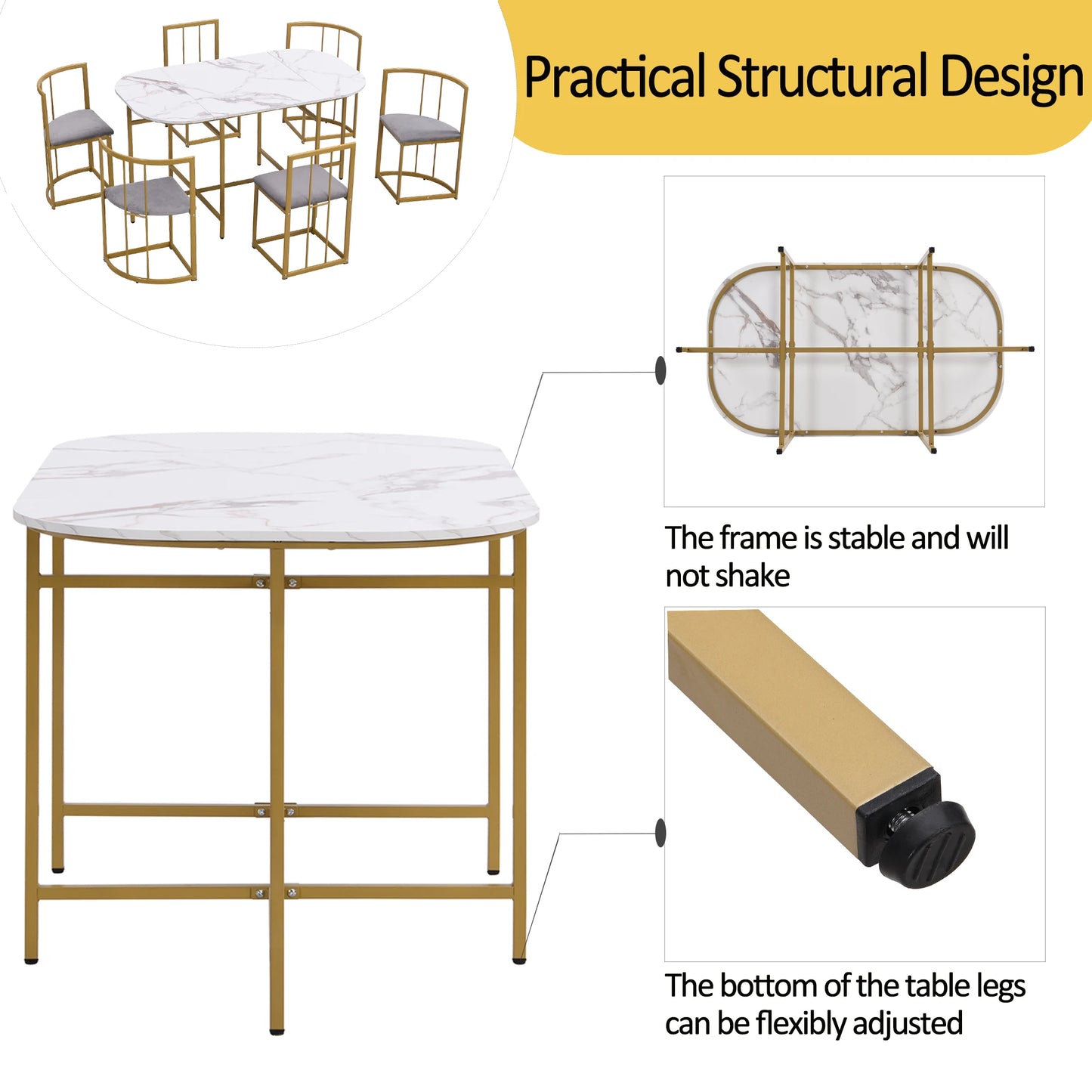 Stylish Six Chair Dining Table Set – Modern White with Upholstered Chairs and Iron Frame