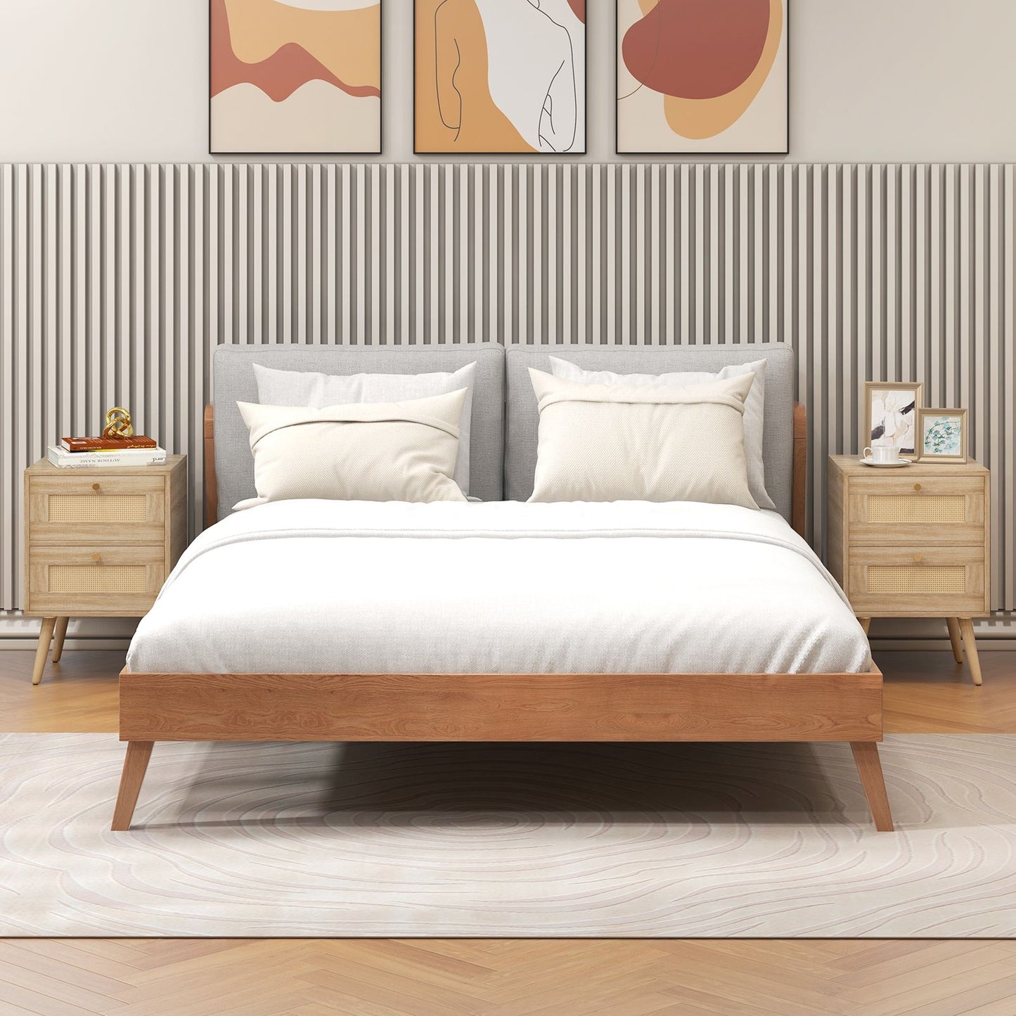 Boho Accent Rattan Nightstand Bedside Table with 2 Storage Drawers