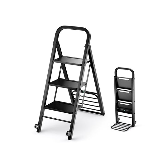 2-In-1 Hand Truck and Ladder Foldable 3-Step Ladder with Non-Slip Wide Pedals