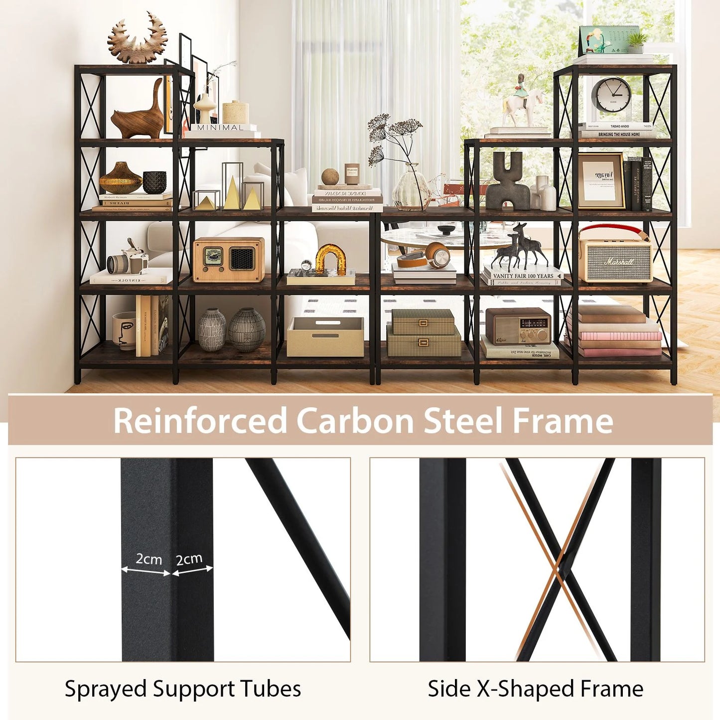 5-Tier Bookshelf 9 Cubes Bookcase with Carbon Steel Frame