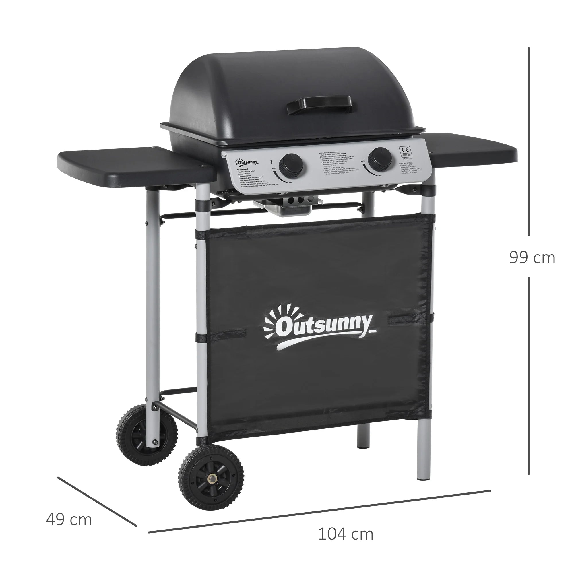 Propane Gas Barbecue Grill 2 Burner Cooking 5.6 Kw W/ Side Shelves