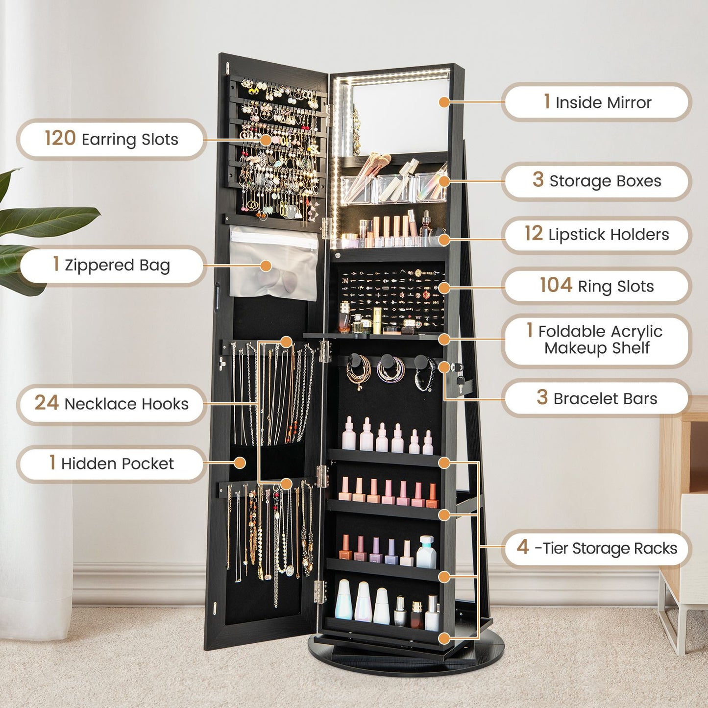 360-Degree Mirrored Jewelry Armoire with 3-Color Auto-On LED Lights