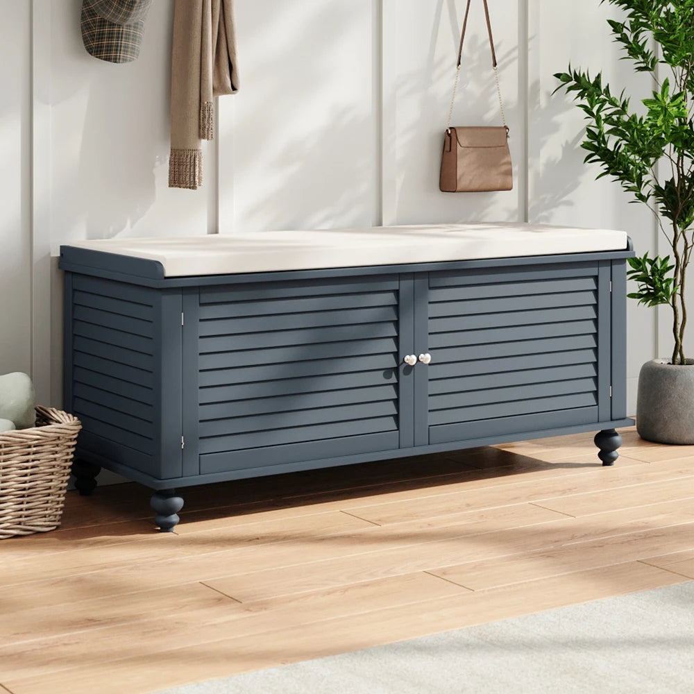 Wooden Shutter Door Shoe Cabinet Storage Bench with Linen Cushion